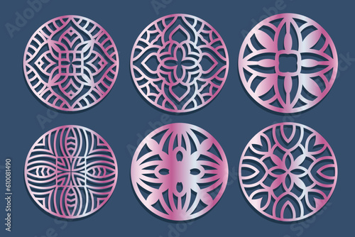 Lotus Mandala Vector Template Set for Cutting and Printing. Oriental silhouette ornament. Vector coaster design Bundle	
