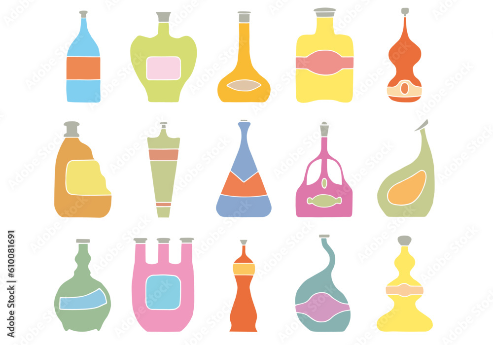 A set of bottles of various shapes and colors. Hand Drawn. Freehand drawing. Doodle. Sketch. Outline. A set of bottles of various shapes and colors. Hand Drawn. Freehand drawing. Doodle. Sketch. Outline.