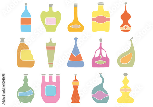 A set of bottles of various shapes and colors. Hand Drawn. Freehand drawing. Doodle. Sketch. Outline.