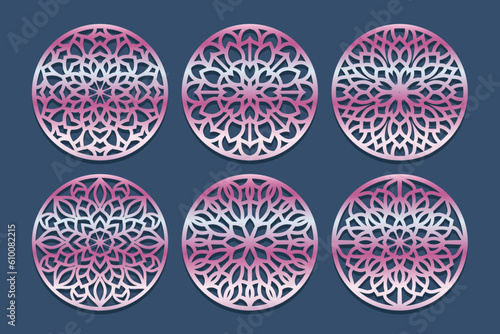 Lotus Mandala Vector Template Set for Cutting and Printing. Oriental silhouette ornament. Vector coaster design 