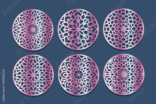 Lotus Mandala Vector Template Set for Cutting and Printing. Oriental silhouette ornament. Vector coaster design Bundle 