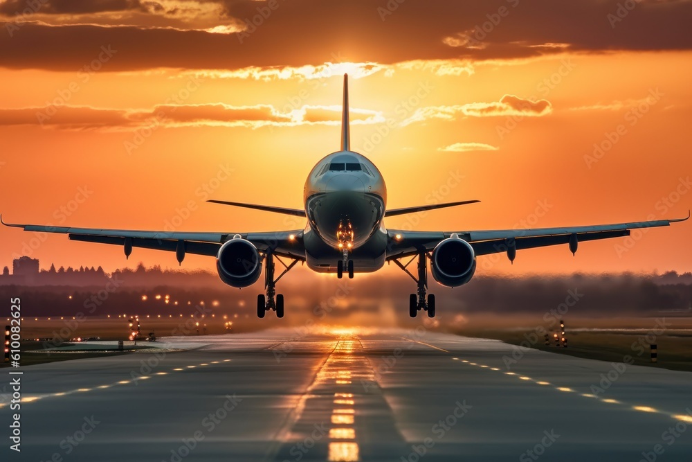Silhouette of a landing plane on the runway. Beautiful sunset sky rain night. Travel and transport concept generative ai Silhouette of a landing plane on the runway. Beautiful sunset sky rain night. Travel and transport concept generative ai