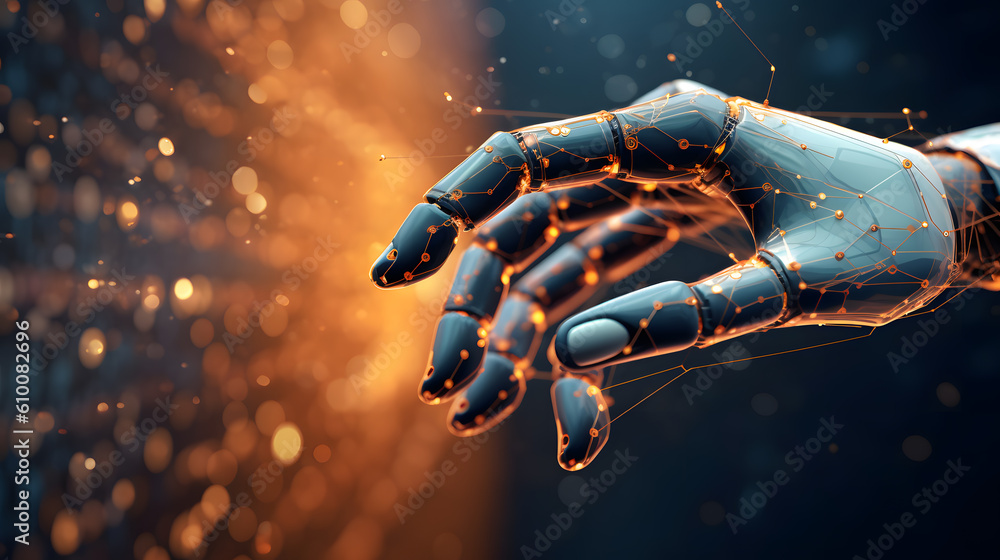A cyborg hand on a technological background of spots of lights.Created with Generative AI technology. A cyborg hand on a technological background of spots of lights.Created with Generative AI technology.