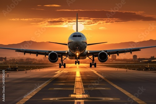 Silhouette of a landing plane on the runway. Beautiful sunset sky rain night. Travel and transport concept generative ai