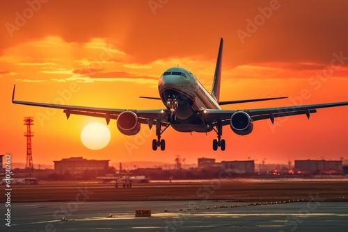 Silhouette of a landing plane on the runway. Beautiful sunset sky rain night. Travel and transport concept generative ai