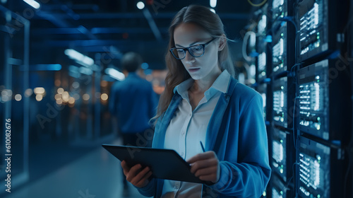 Young woman working in server room and using tablet pc. Created with Generative AI technology.