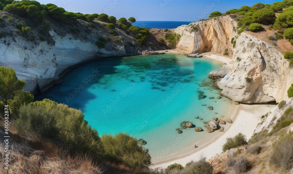  a beautiful blue lagoon surrounded by trees on a sunny day with clear blue water and a sandy beach on the other side of the bay.  generative ai