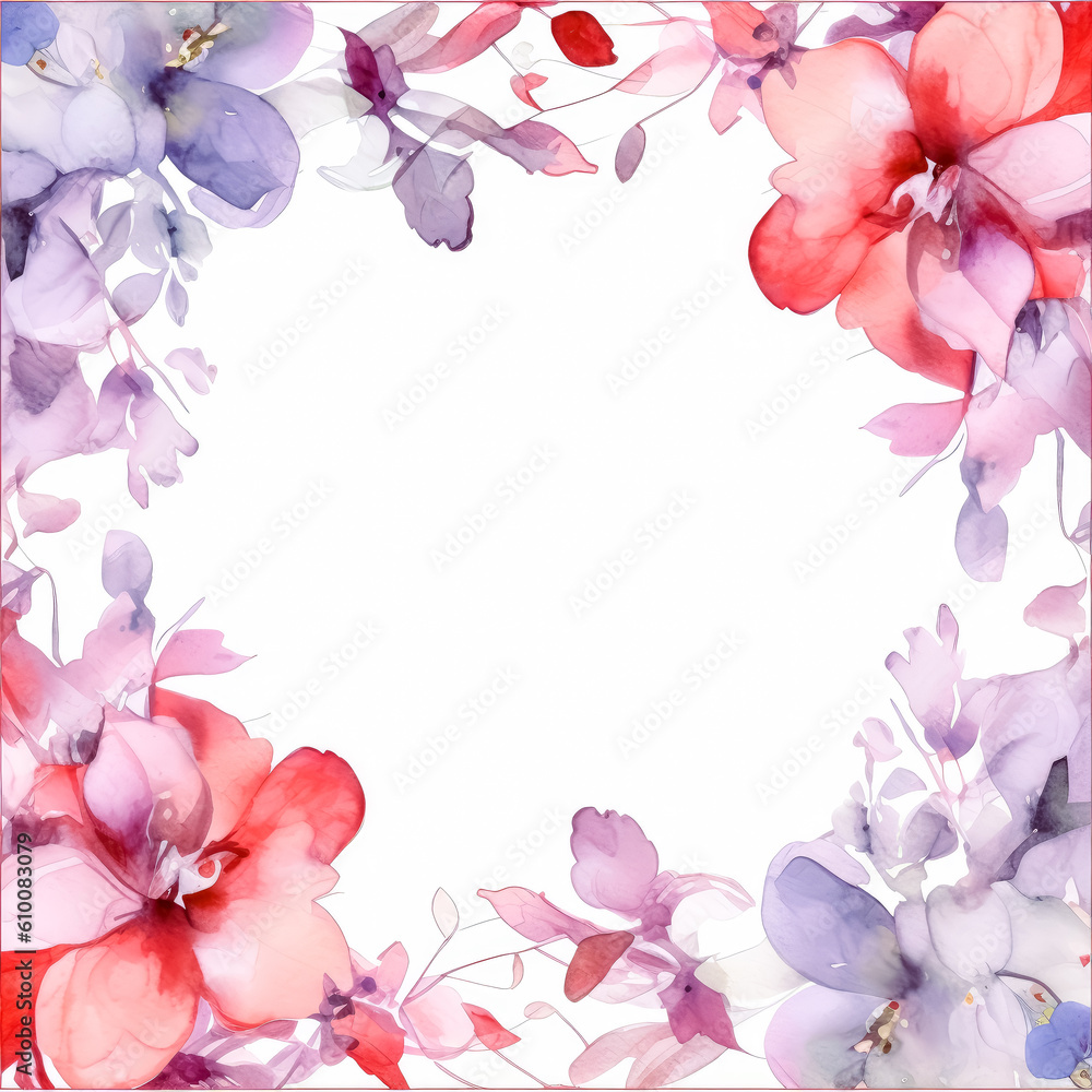 Watercolor background of florals on white, floral design for invitations. Generative Ai.
