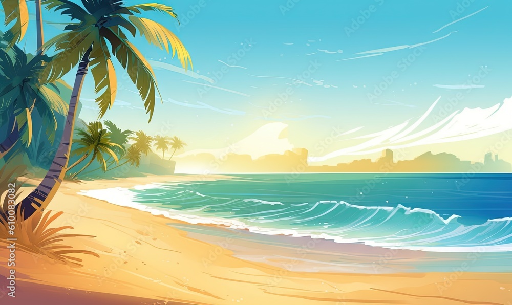  a painting of a tropical beach with palm trees and the ocean in the background with a city in the distance and a blue sky with white clouds.  generative ai