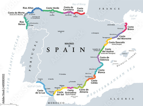 Spain, beaches and coastlines of the Spanish Riviera, political map. Spanish mainland on Iberian Peninsula, with the touristic names of seventeen famous beaches, such as Costa Blanca or Costa del Sol. photo