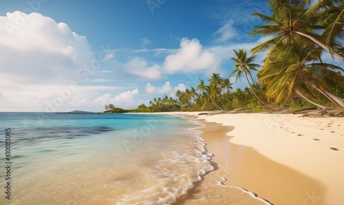  a sandy beach with palm trees and clear blue water on a sunny day in the tropical island of fiji, united states of america, pacific. generative ai