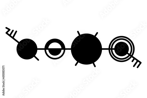 Crop circle pattern of four circles in a row, connected with a straight line with antenna or rune like structures. Modeled on a crop circle pattern found near Winterbourne Bassett in Wiltshire. Vecto