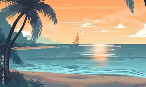  a painting of a sailboat in the ocean at sunset with palm trees and a beach in the foreground with a sailboat in the distance. generative ai