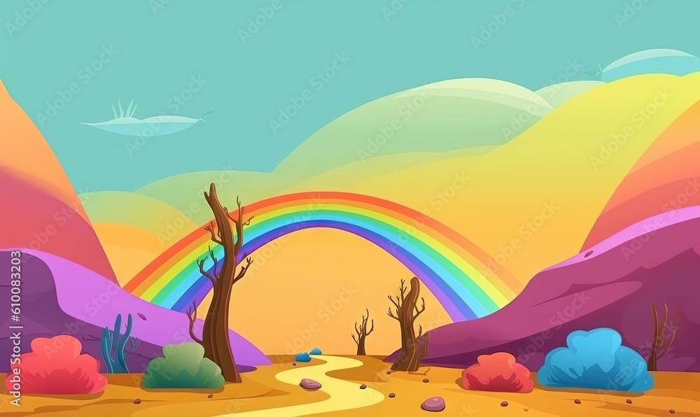  a colorful desert landscape with a rainbow in the sky and a trail leading to a rainbow - colored mountain range in the distance with a bird flying in the sky.  generative ai