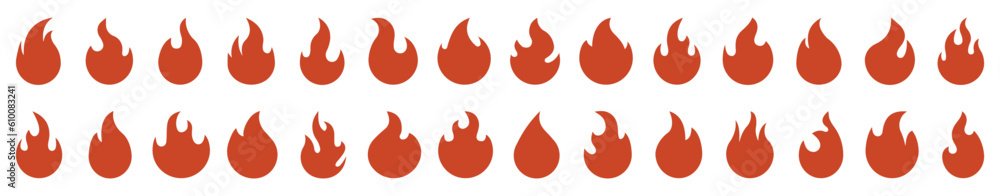 Fire icon collection. Concept flame, fire, icon. Flame icon in red. Campfire symbol. Logo design fire. Bonfire silhouette logotype. Vector illustration.	