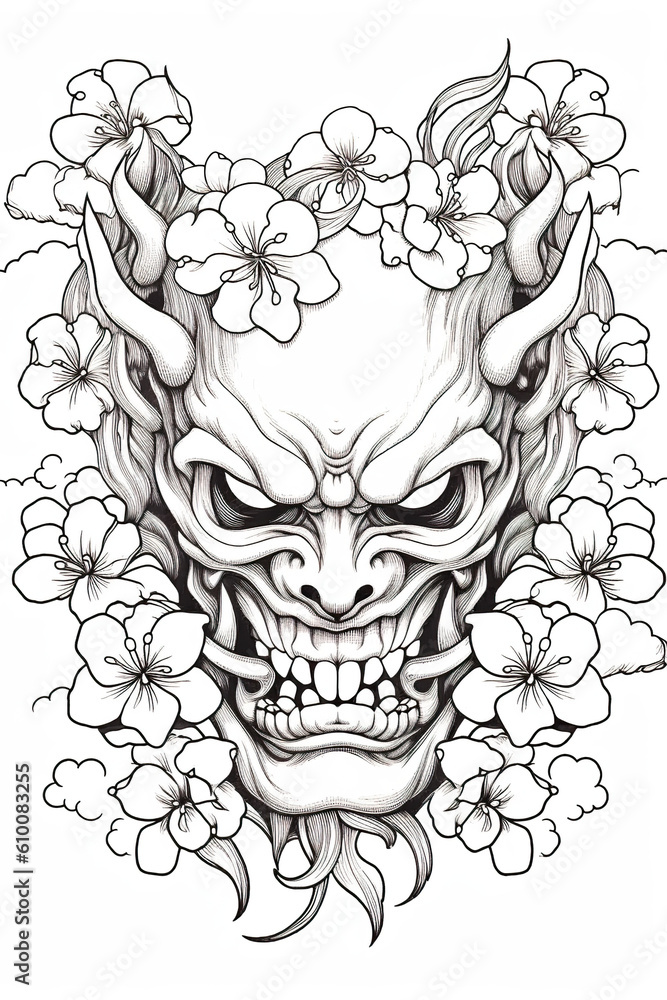 A tattoo design of a demon with flowers around it. Generative AI.