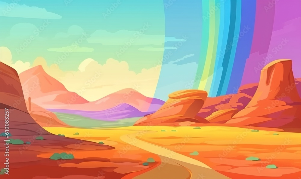  a painting of a desert with a rainbow in the sky and a rainbow in the sky over the mountains and a road leading to a rainbow.  generative ai