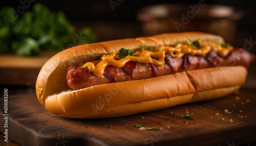 Grilled beef hot dog on a bun with ketchup and onion generated by AI