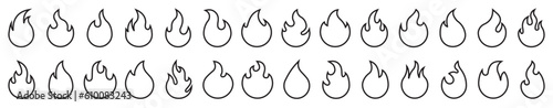Flame icon in filled thin line set. Fire flat line icons flames on transparent background. Flame of various shapes. Bonfire shapes. Black flame vector icons designs web. Vector illustration .	

