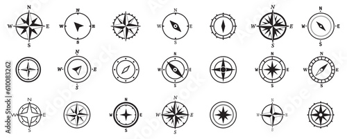 Compass icons set. Compass set of symbols on transparent background. Wind rose symbol collection. Vector isolated icons. Vector illustration