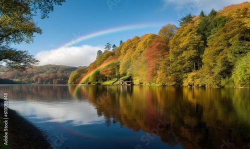  a rainbow is reflected in the water of a lake surrounded by trees and a forest with yellow leaves on the trees, and a blue sky with white clouds. generative ai