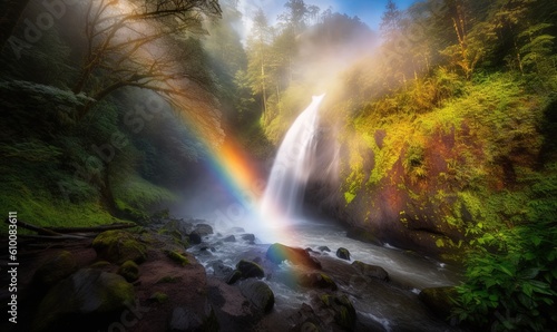  a waterfall with a rainbow in the middle of the water surrounded by trees and rocks with a rainbow in the middle of the water and a rainbow in the middle of the water. generative ai