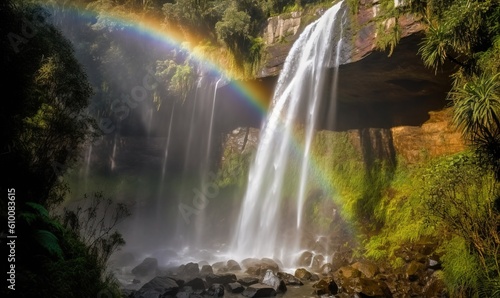  a waterfall with a rainbow in the middle of the water and a rainbow in the middle of the water overflowing the waterfall,.  generative ai © Anna