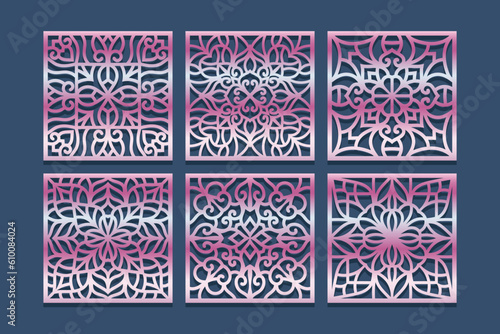 Lotus Mandala Vector Template Set for Cutting and Printing. Oriental silhouette ornament. Vector coaster design 