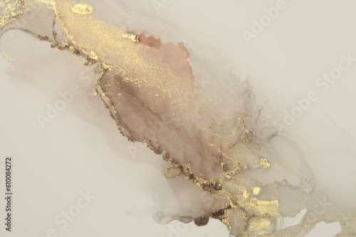 Art Abstract watercolor and alcohol ink flow smoke blot painting. Beige, brown, gold Color canvas wet texture background. © Liliia