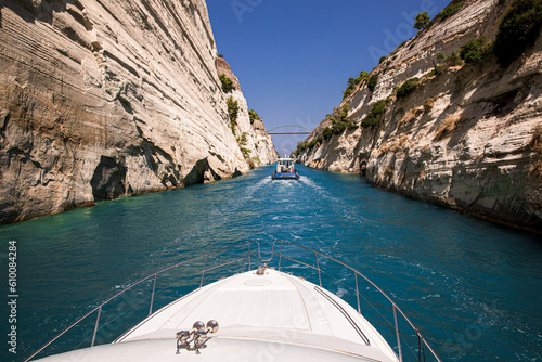 Passing through the Corinth Canal by yacht, Greece.  photo