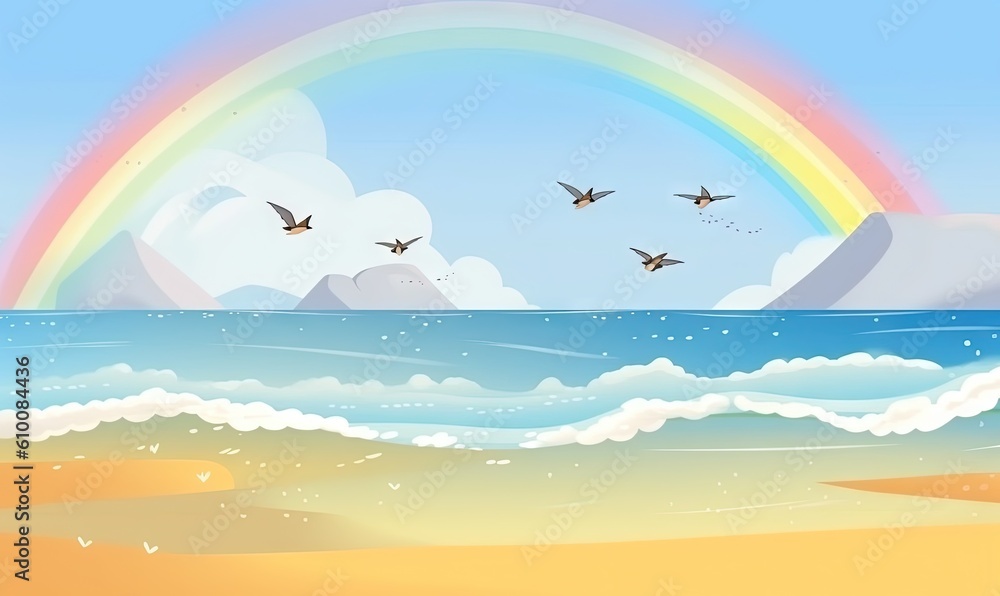  a painting of birds flying over a beach with a rainbow in the sky and a mountain in the background with a rainbow in the sky.  generative ai