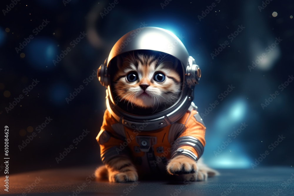 A cat wearing a space suit sitting on a table. Generative AI.