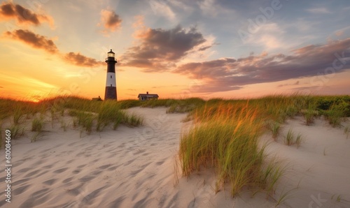  a light house on a sandy beach with grass in the foreground and a sunset in the background with clouds in the sky and the background. generative ai