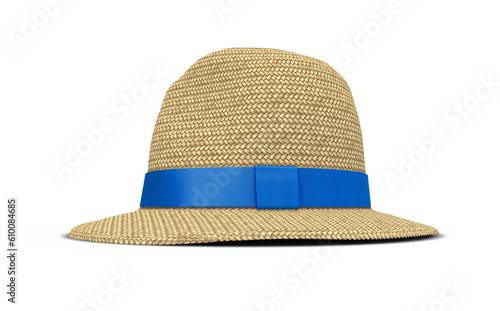 Straw Hat With Blue Fabric Ribbon 3D Rendering
