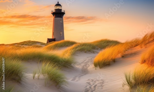  a lighthouse on top of a sand dune with grass in the foreground and a sunset in the background with clouds in the sky above.  generative ai