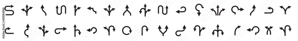Way direction arrow sign collage. Road navigation arrows. Vector black line branching arrows. Driving direction mark, location point crossroad circle turning route black pictograms.