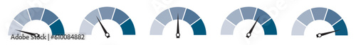 Dashboard colorful speedometer icons set. Customer satisfaction indicator level. Vector scale, level of performance. Tachometer icon isolated. Performance indicator sign. Car speed. Vector.