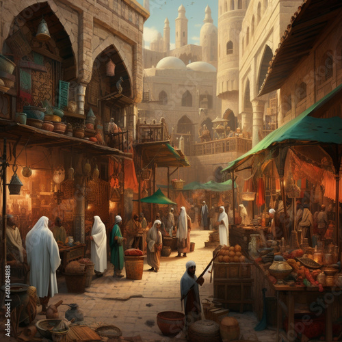 Arab market with spices. Generative AI.
