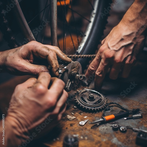 Repairing a bicycle in a bicycle workshop. Generative AI.