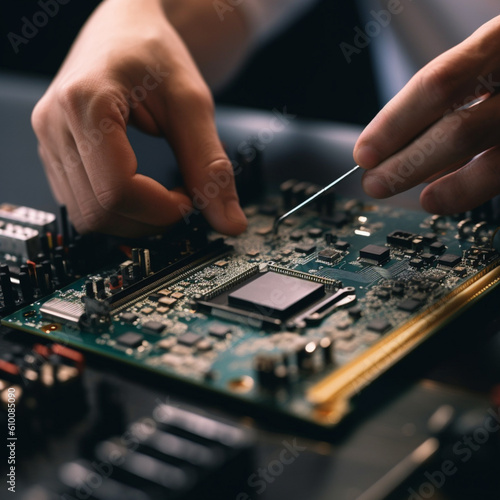 Technician repairing an electronic device. Generative AI.
