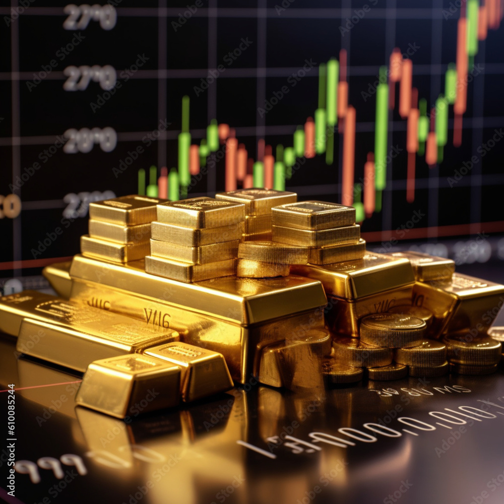 Gold bars with a stock market chart behind. Generative AI. Gold bars with a stock market chart behind. Generative AI.