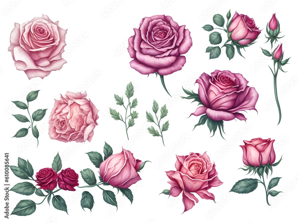 set of watercolor rose on transparent background, generative ai