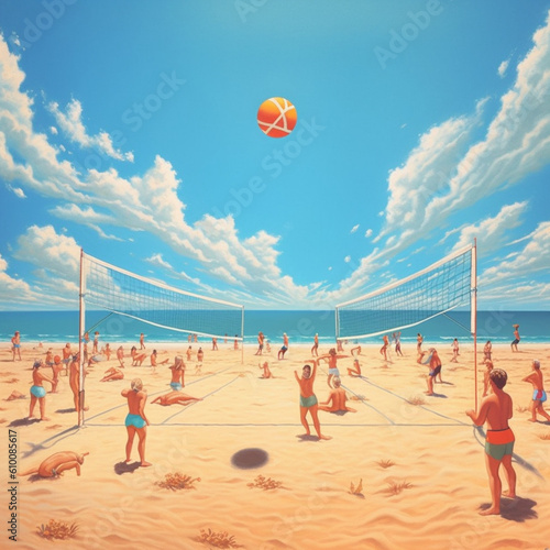 People playing volleyball on the beach. Generative AI.