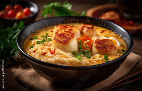 A bowl of soup with scallops and noodles. Generative AI.