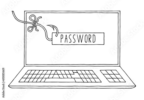 On the laptop screen, the word "password" is caught with a fishing hook. Theft of funds from credit and bank cards. Fraud, phishing. Phishing scam. Freehand drawing. Doodle. Hand Drawn.