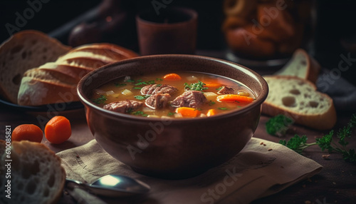 Homemade rustic beef stew with fresh vegetables on wooden table generated by AI