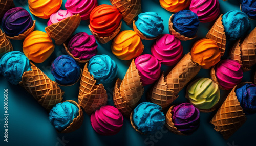 Vibrant colored fashion collection, homemade ice cream cone decoration generated by AI