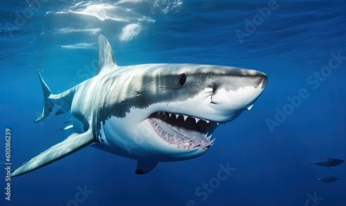  a great white shark with its mouth open in the water with a fish nearby in the water and a man in the water with his feet on the water.  generative ai