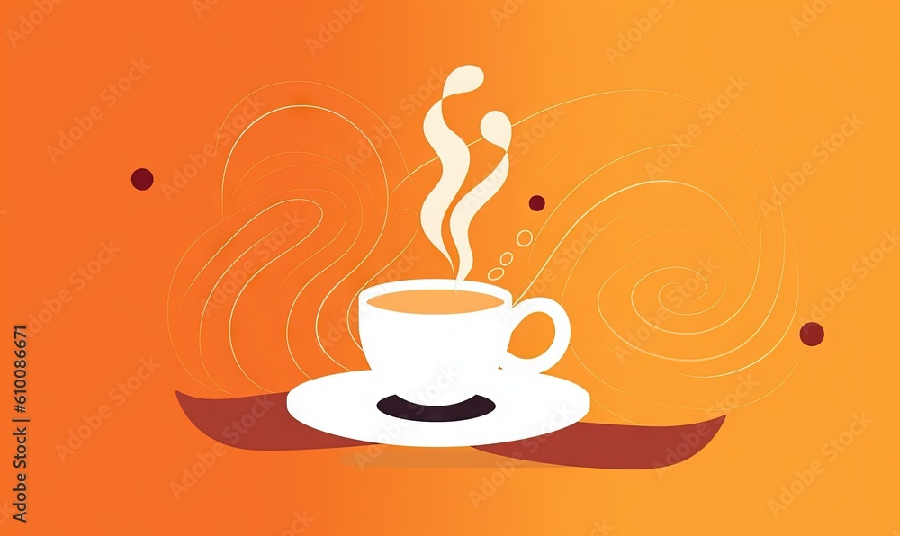 Obraz premium a cup of coffee with steam rising out of it on an orange background with circles around it and a red ribbon around the edge of the cup. generative ai