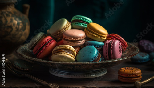 Multi colored macaroon stack, a French gourmet dessert variation with chocolate generated by AI